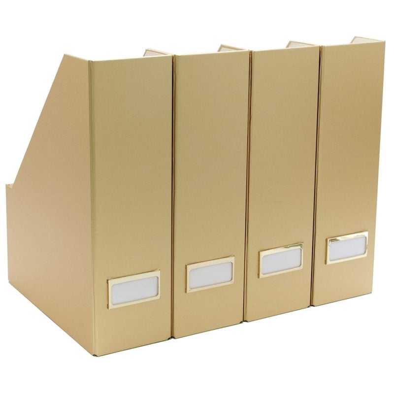 BLU MONACO | Gold Cardboard Magazine File Holder Set of 4 | Vertical Magazine File Holder for Shelves | Standing File Holder Desk Organizer - Image 1